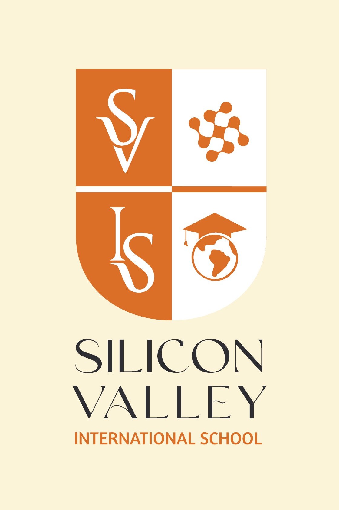 SVIS rebuilt primary logo as published in the new brand guidelines — symmetric halved shield with the SV / IS lockup, atom and globe-with-graduation-cap glyphs, Silicon Valley wordmark in dark charcoal with International School in vibrant orange, on cream