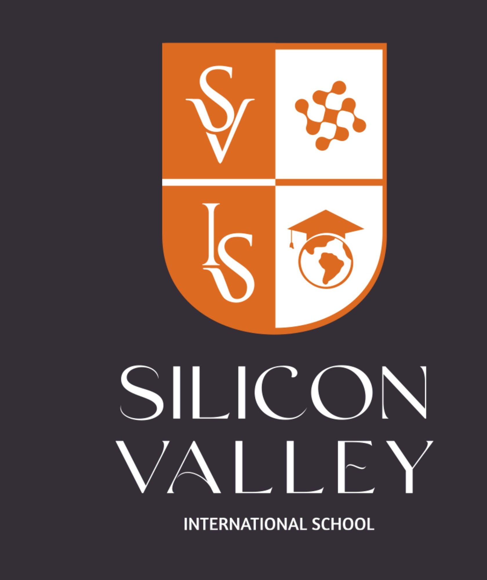 SVIS legacy primary logo as published in the previous brand book — orange-and-white shield, Silicon Valley wordmark in white on a deep violet-grey background